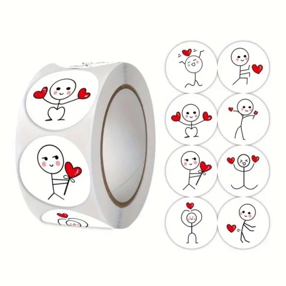 (31) Roll of 500 Whimsical Cartoon Stick Man with Heart Stickers (1” diam)